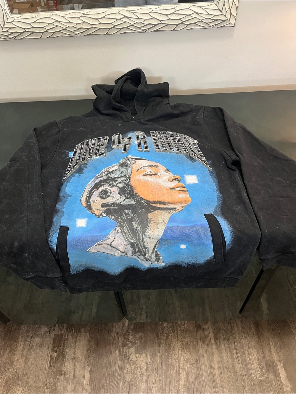 Reason Black Hoodie with Blue and Orange Futuristic Portrait Graphic